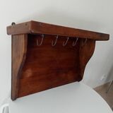 Antique wall shelf in solid chestnut with butcher's hooks