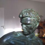 bronze sculpture athlete bending an iron bar by Jean de Roncourt on an art deco marble base