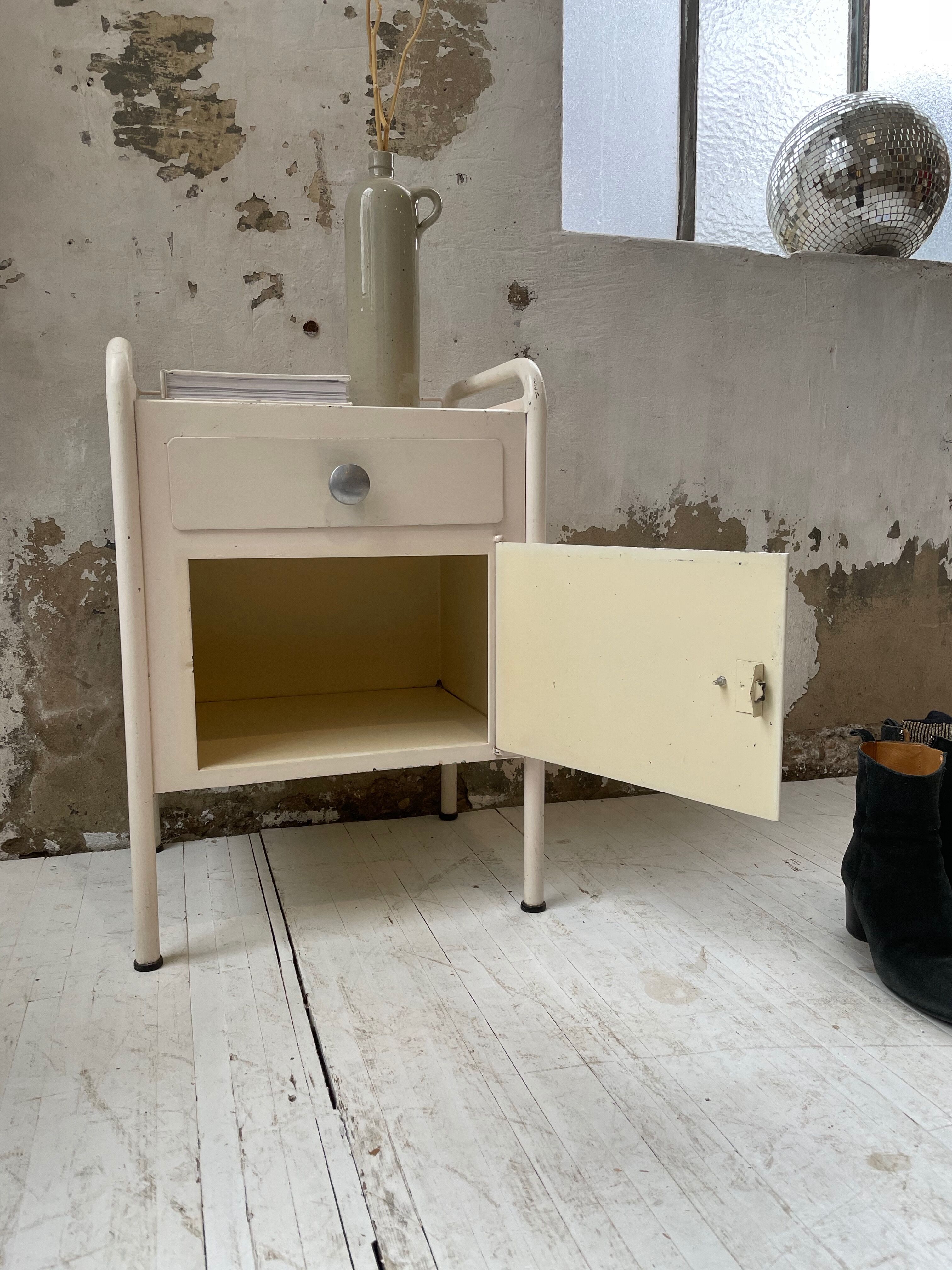 Industrial white metal bedside