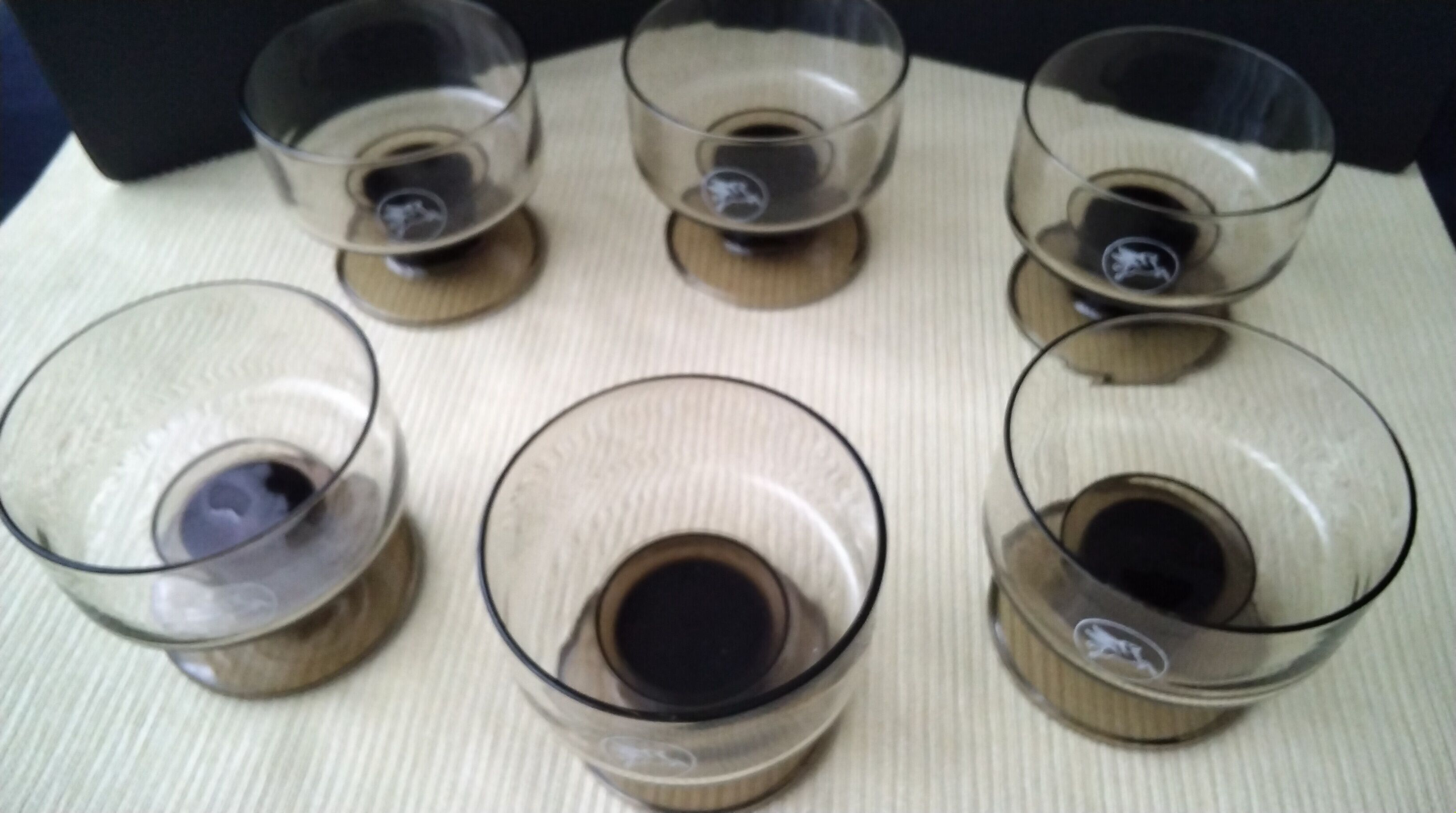 Set of 6 vintage smoked color cups 70s pegasus medallion