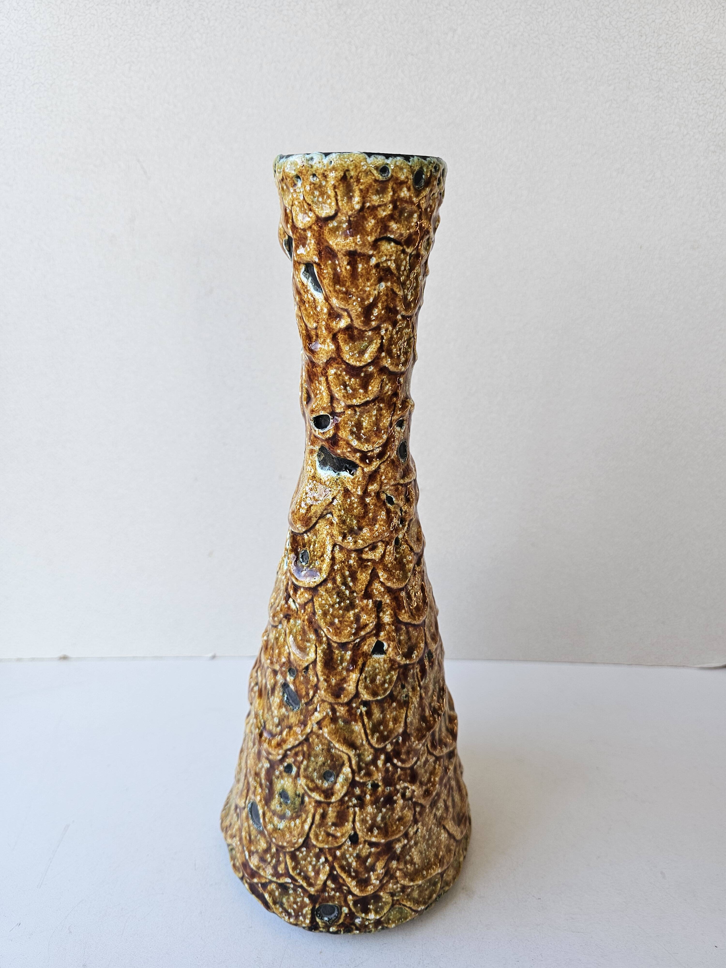 Vintage ceramic vase with honey glazes in Vallauris style, 30cm.