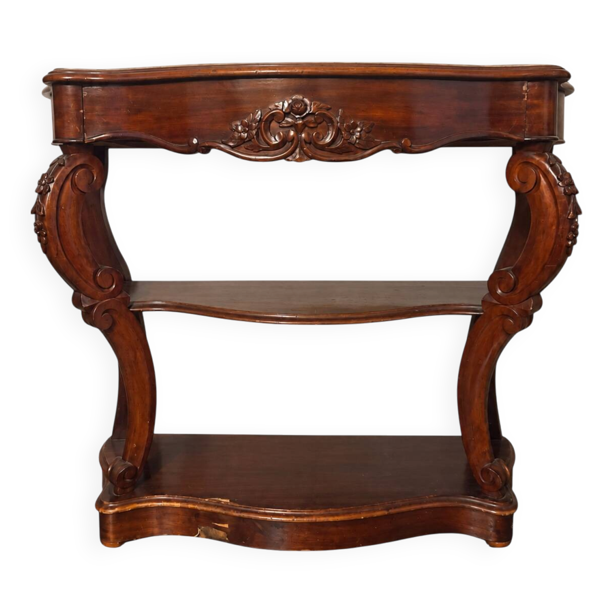 Console-desserte Napoléon III en acajou, décor sculpté de style rocaille