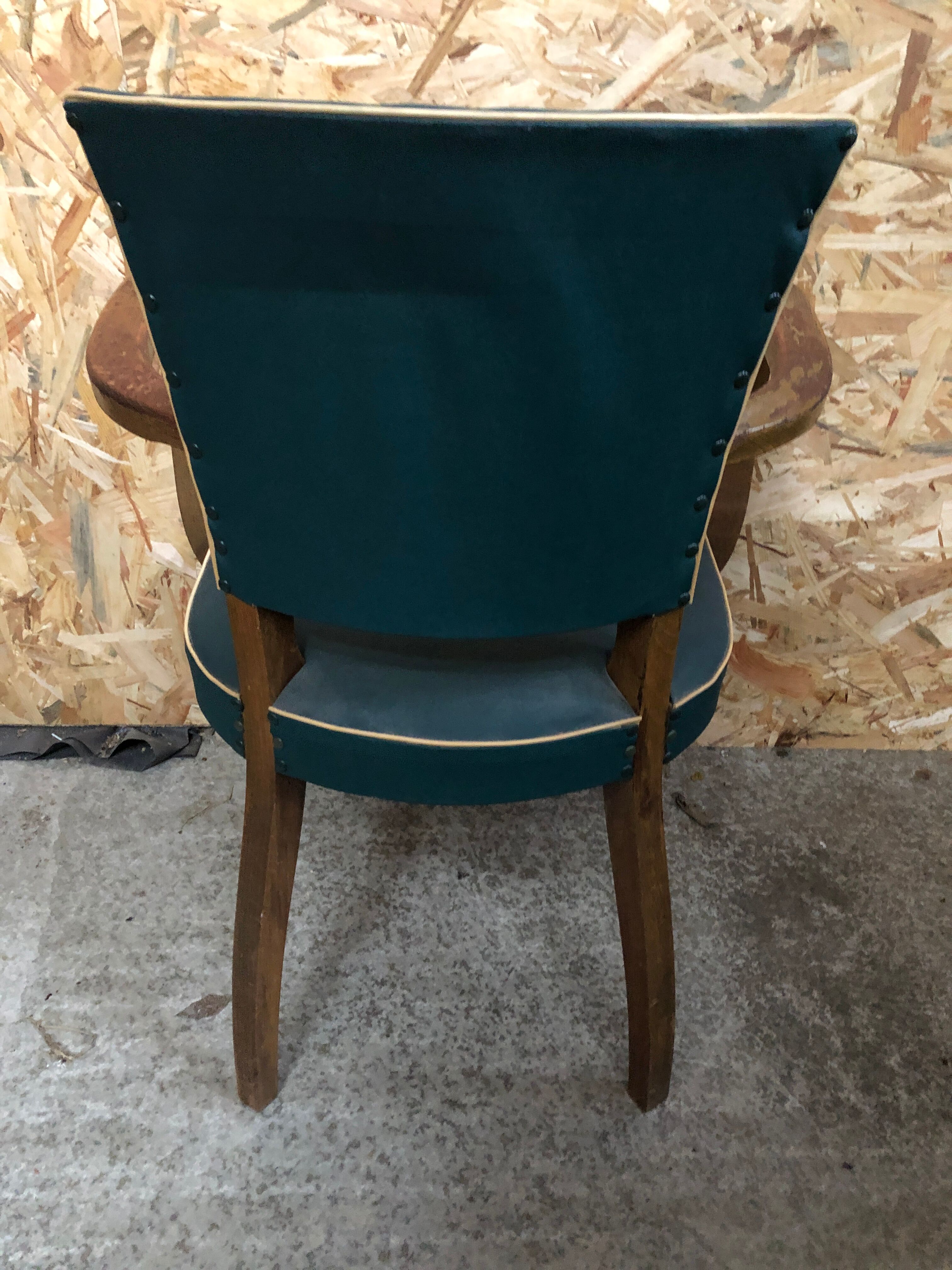 Old wooden bridge armchair + seat & back skaï vintage green