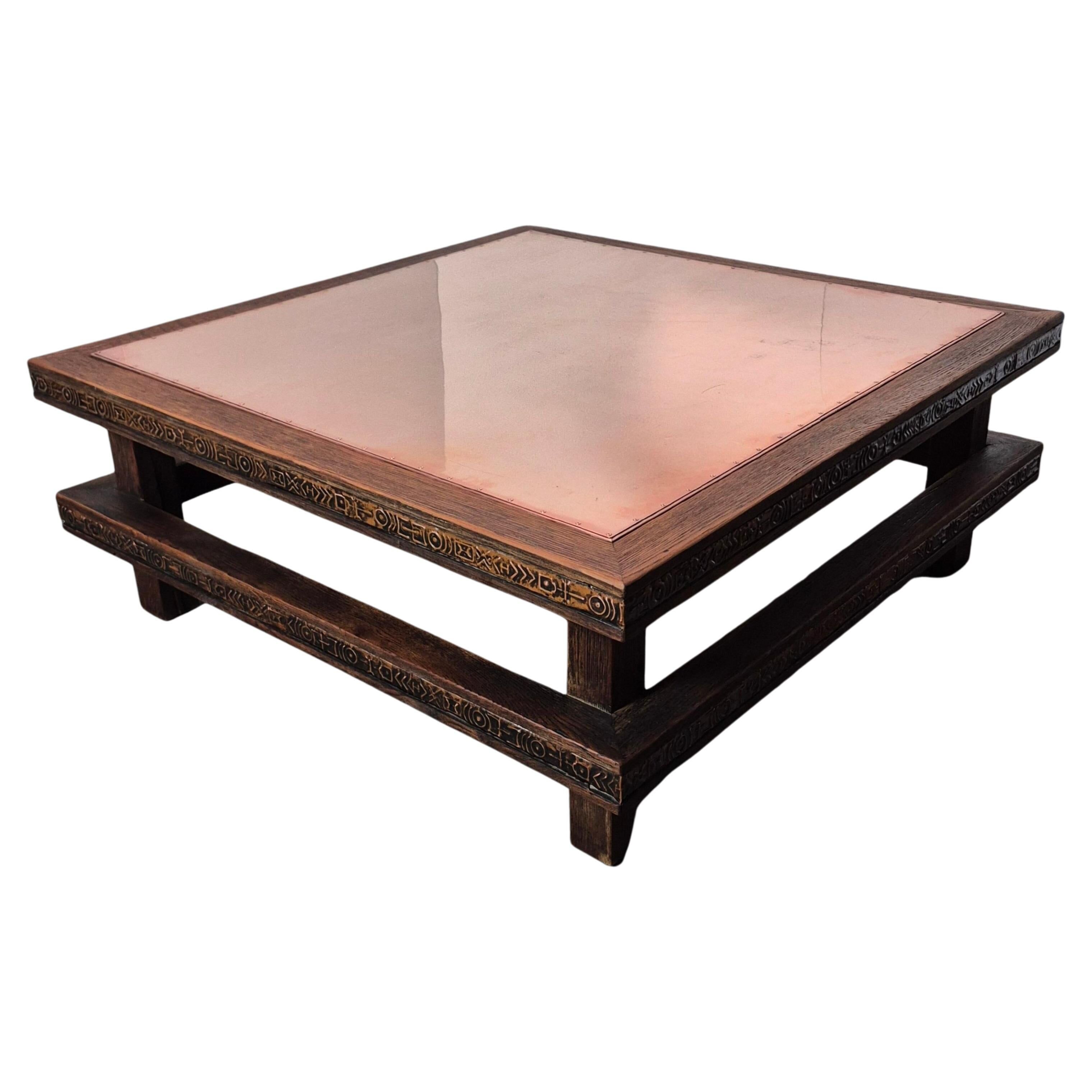 Brutalist oak square coffee table with copper top, Netherlands 1950s