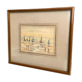 Watercolor signed Simone Duval-Wenta 1934-2015 lively beach in Brittany
