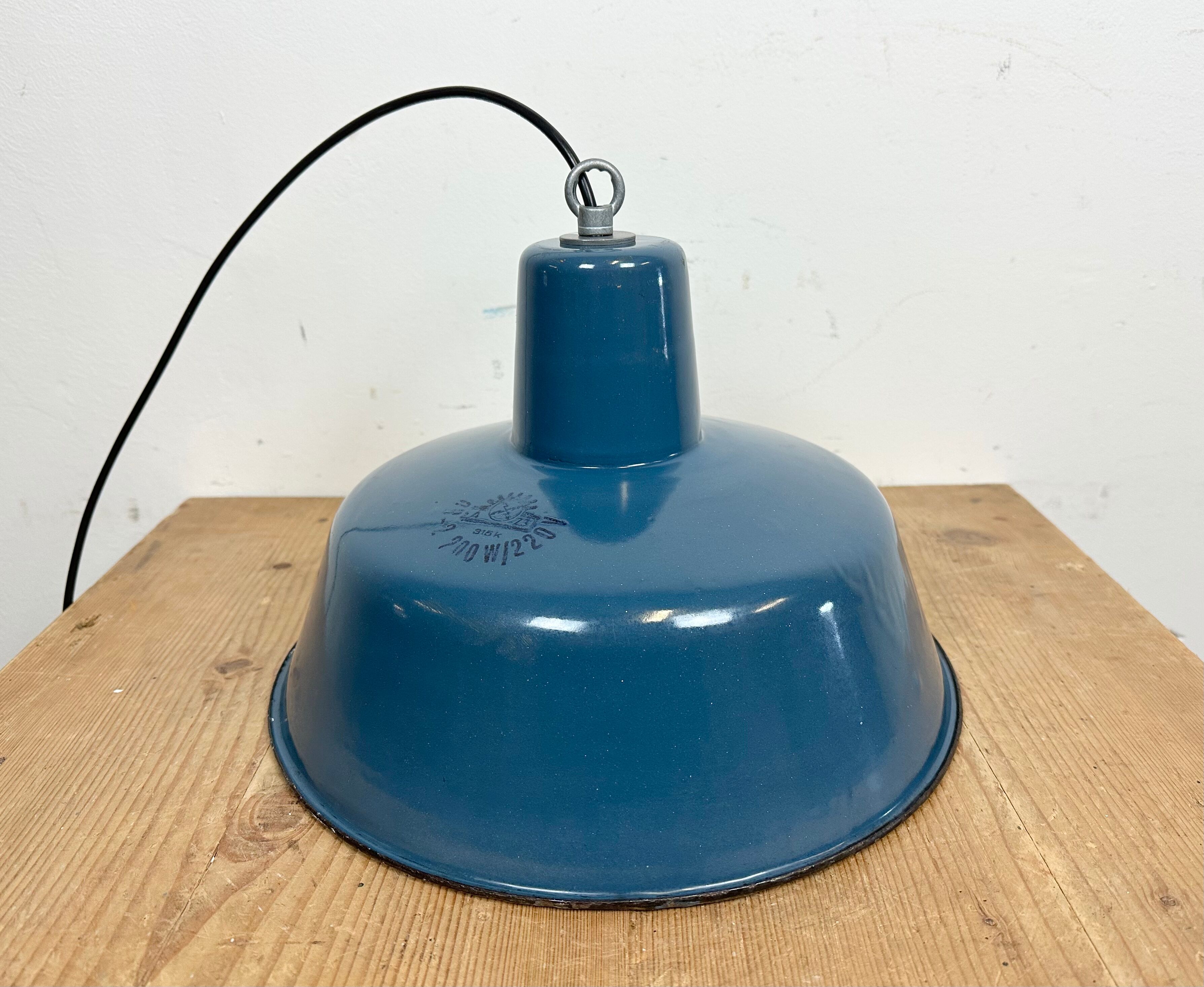 Industrial blue enamel factory pendant lamp 1960s