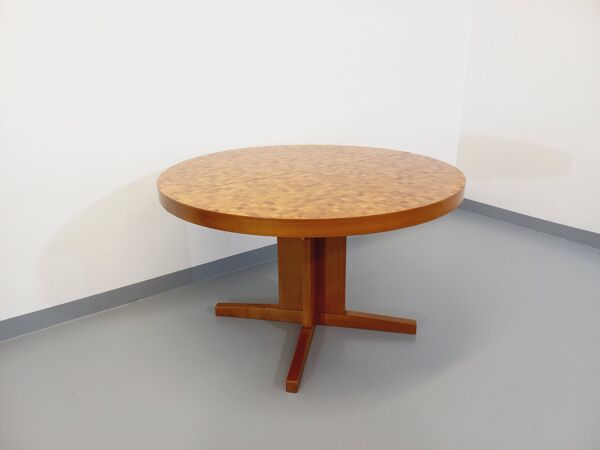 Table à manger ronde vintage des années 60 70 en mosaïque de bois massif teck et noyer avec rallonge