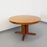 Vintage round dining table from the 60s 70s in solid wood mosaic teak and walnut with extension
