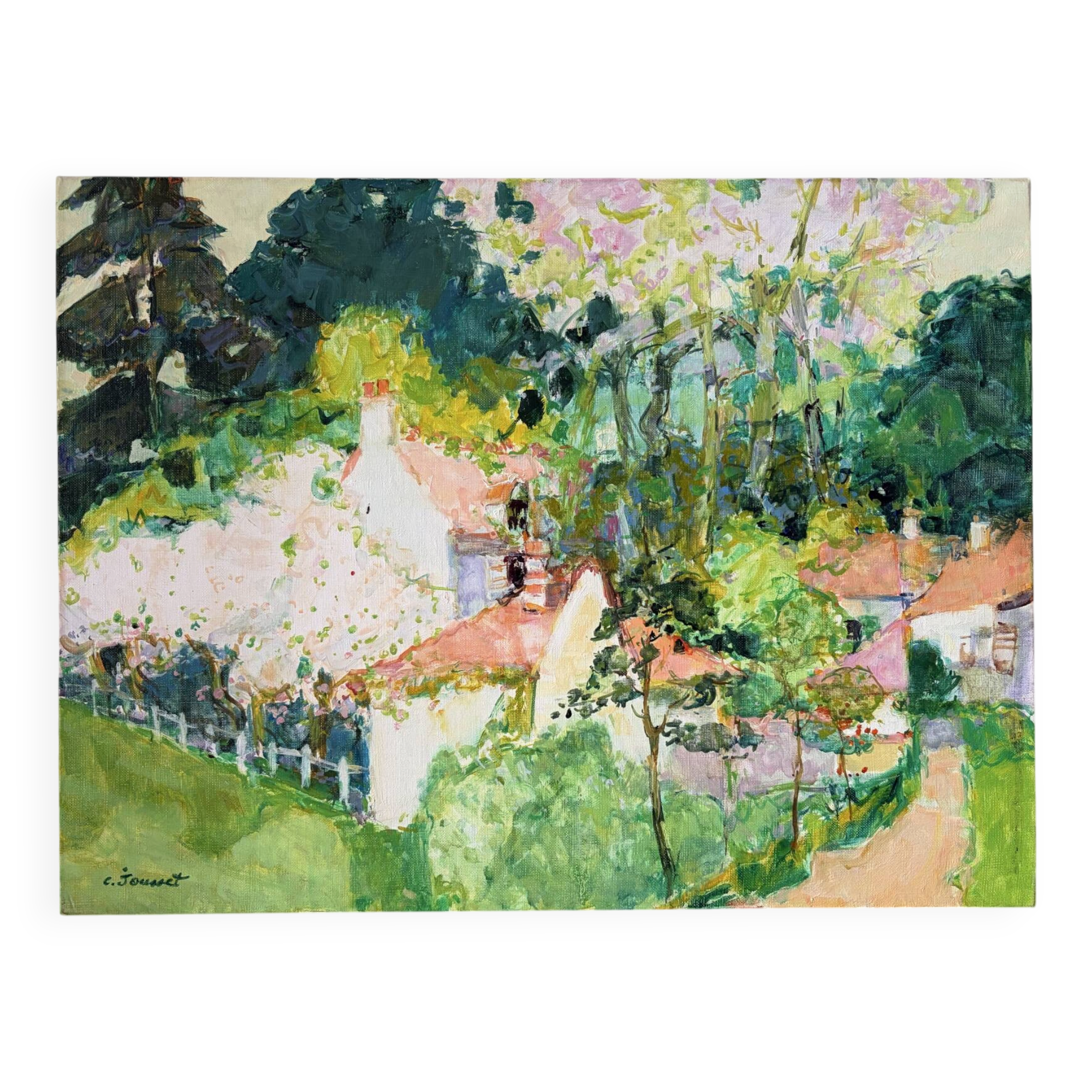 Village with pink roofs, oil on canvas signed Claude Jousset.