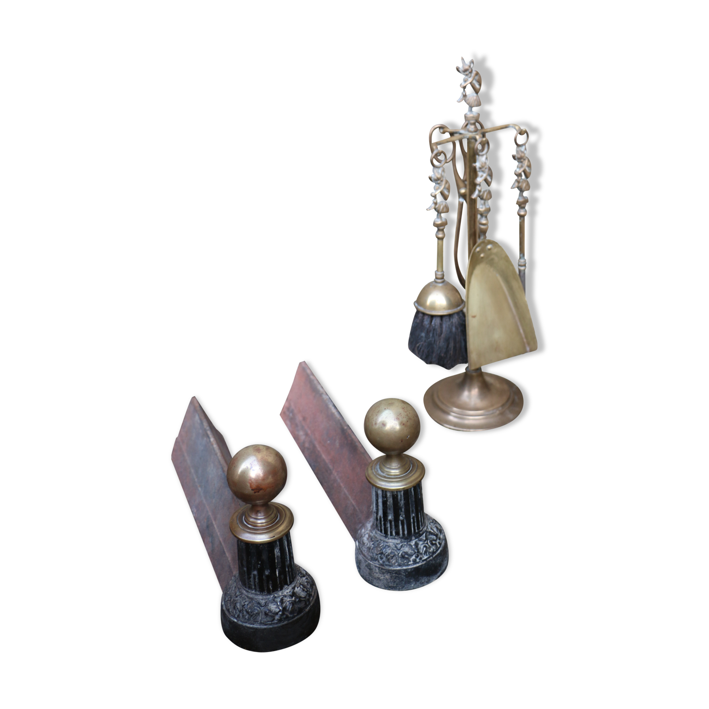 Brass fireplace servant with pair of cast iron pegs with vintage brass ball year 60