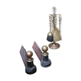 Brass fireplace servant with pair of cast iron pegs with vintage brass ball year 60