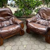 2 Brutalist armchairs in wood and leather 1970