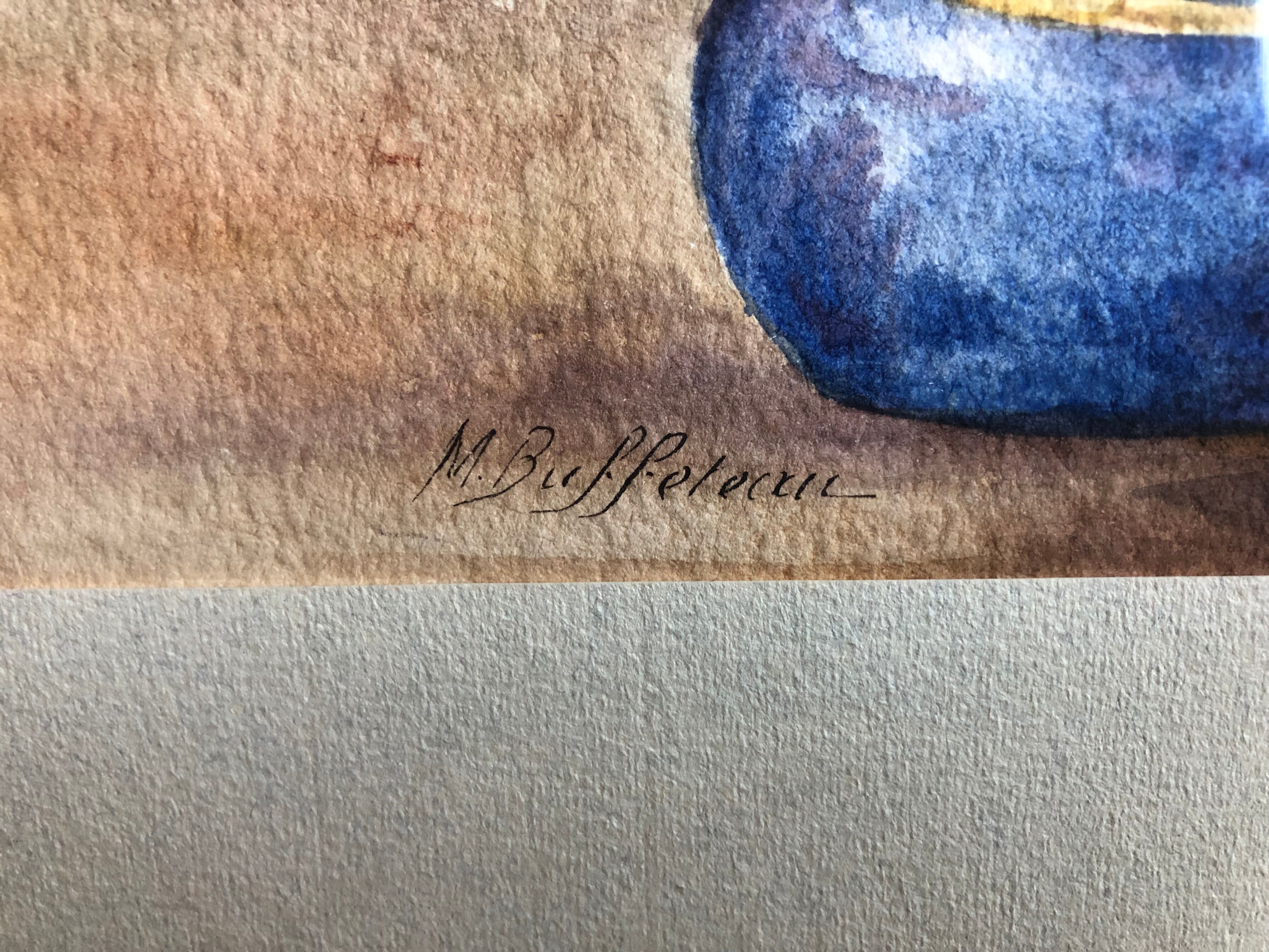 Watercolor painting m. buffeteau bouquet flowers signed & frame gilded wood vintage