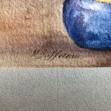 Tableau aquarelle m. buffeteau bouquet fleurs signée & cadre bois doré vintage