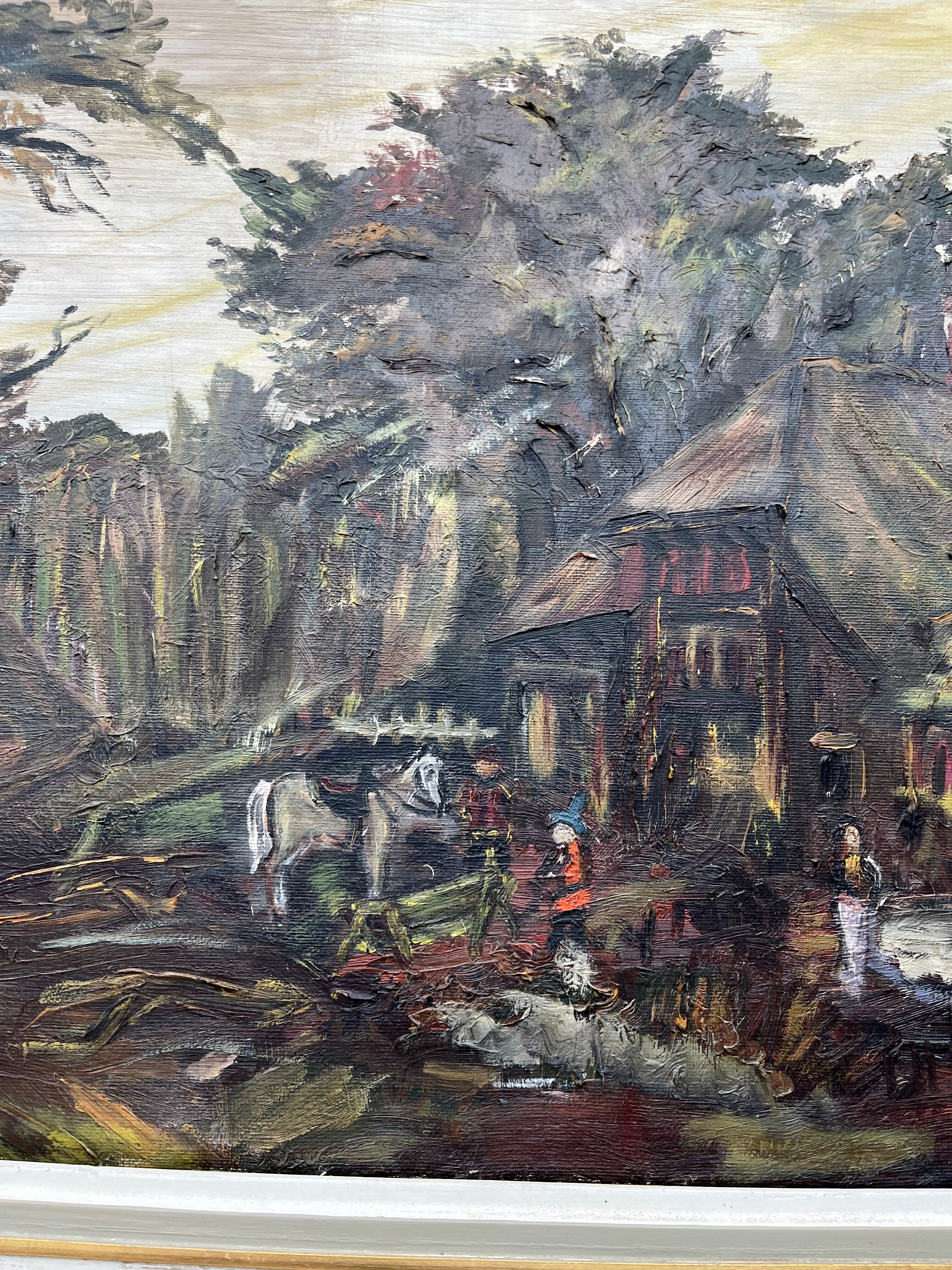 Painting, oil on canvas signed, forest landscape with horsemen