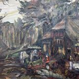 Painting, oil on canvas signed, forest landscape with horsemen