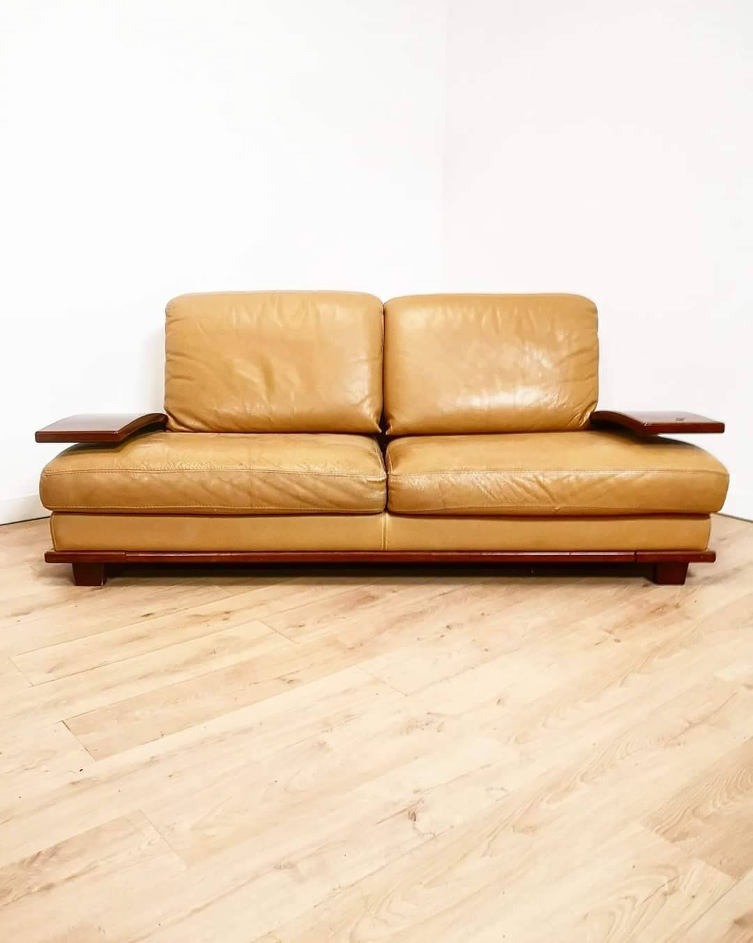 Vintage Italian leather and wood sofa