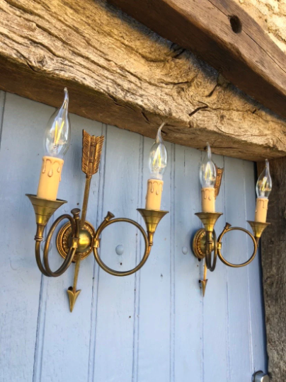 French neoclassical antique wall sconces  highly detailed with hunting horn and arrow motif hunting