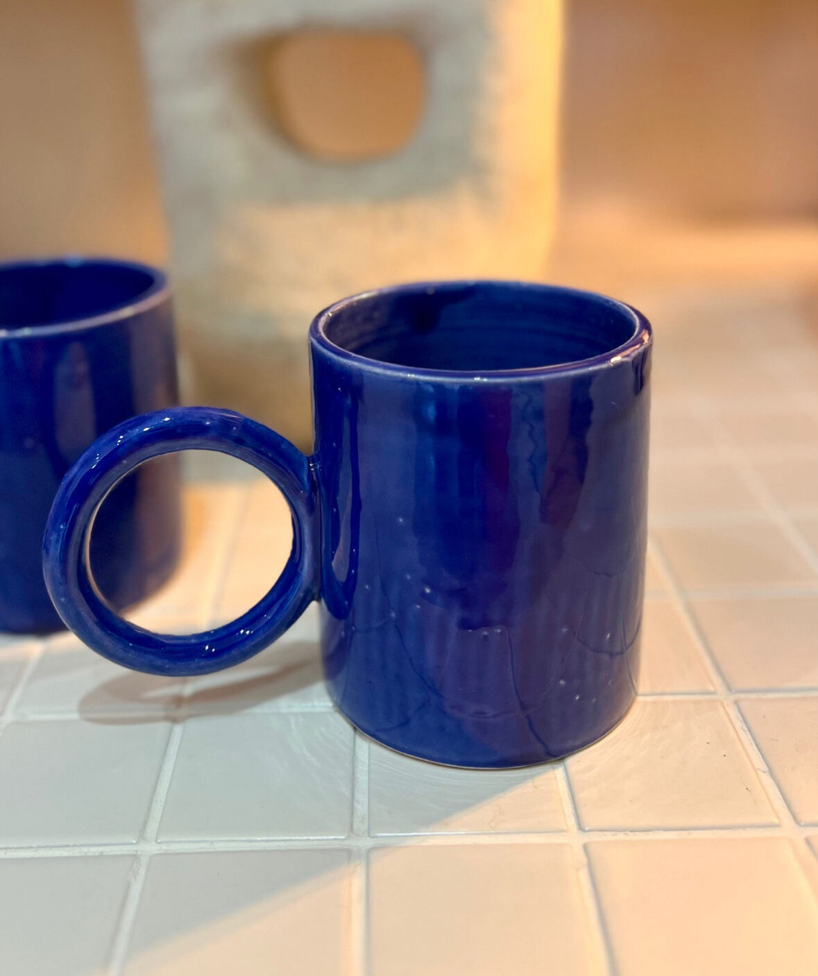 Majorelle blue ceramic mug, handmade, donut handle design.