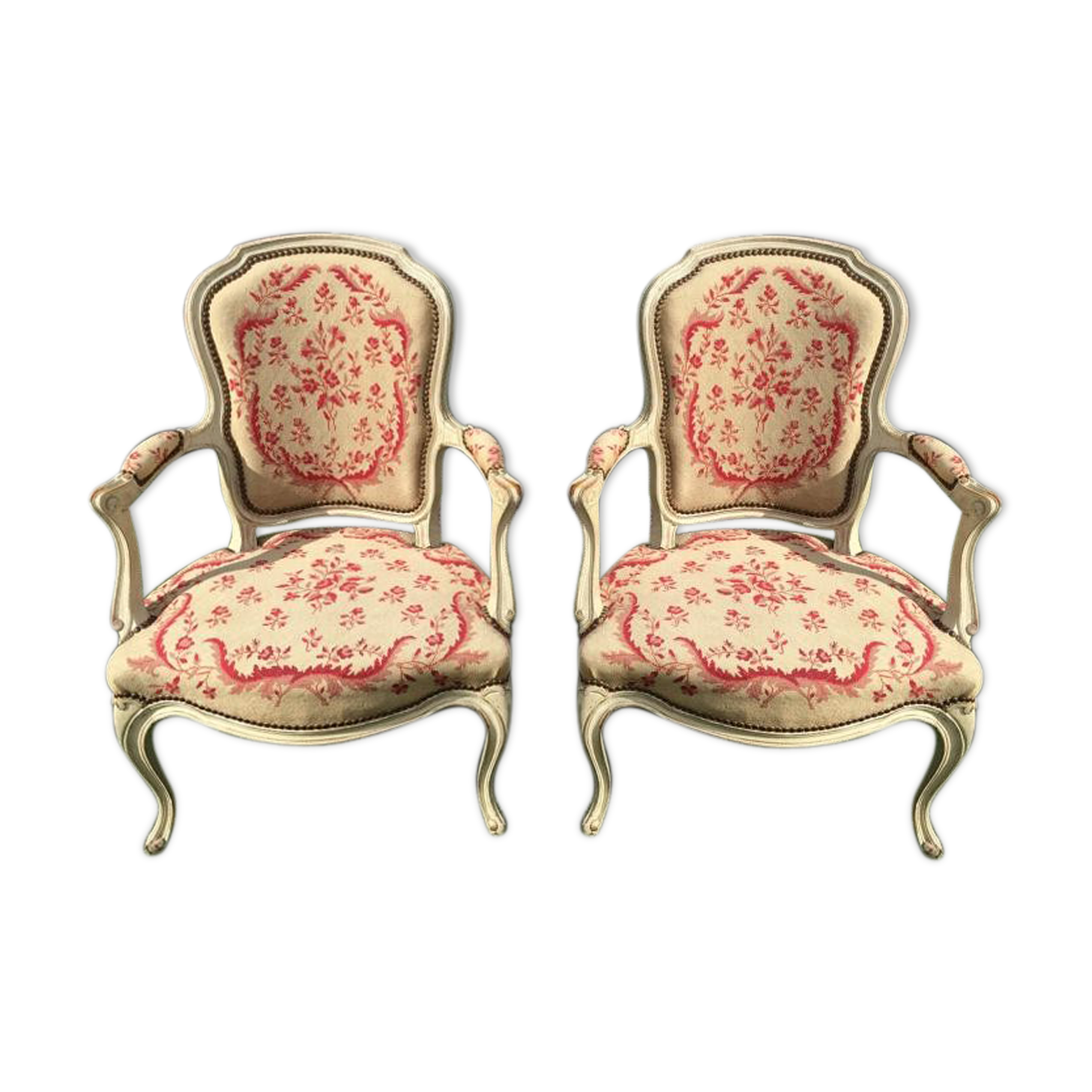 Pair of Louis XV period lacquered cabriolet armchairs, 18th century