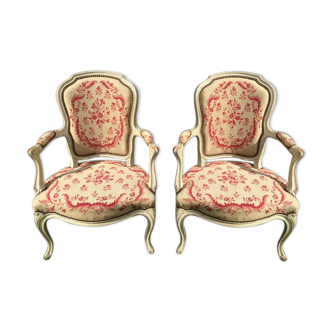 Paire de fauteuils cabriolets laqués d'époque Louis XV XVIIIe
