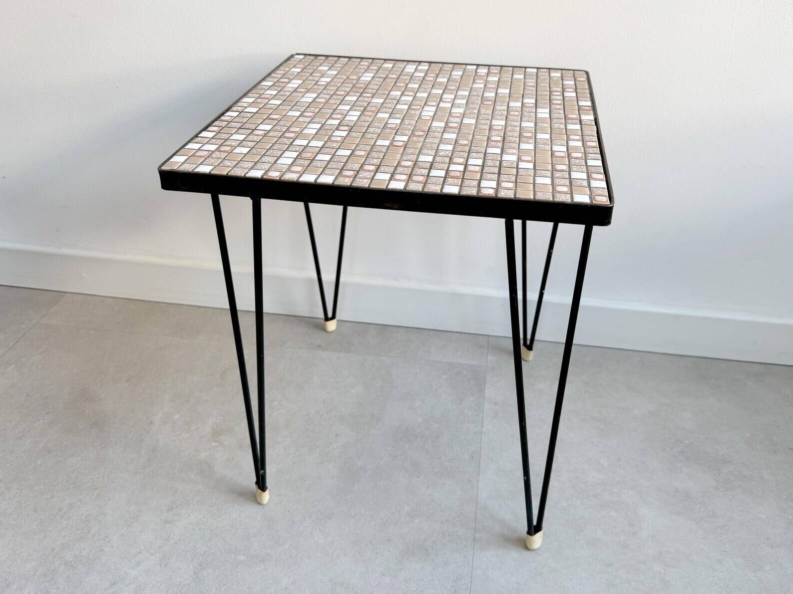 Vintage square side table with a mosaic ceramic top and hairpin legs