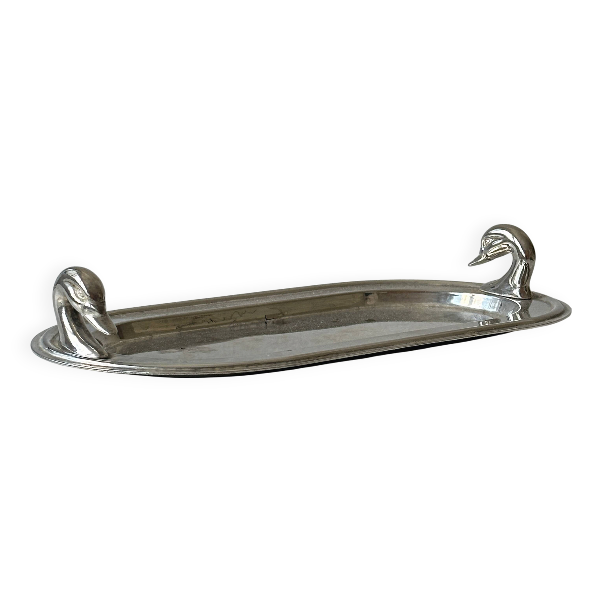 Vintage stainless steel dish with goose head handles serving tray