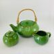 Green earthenware tea set with cabbage pattern, vintage 1970s.