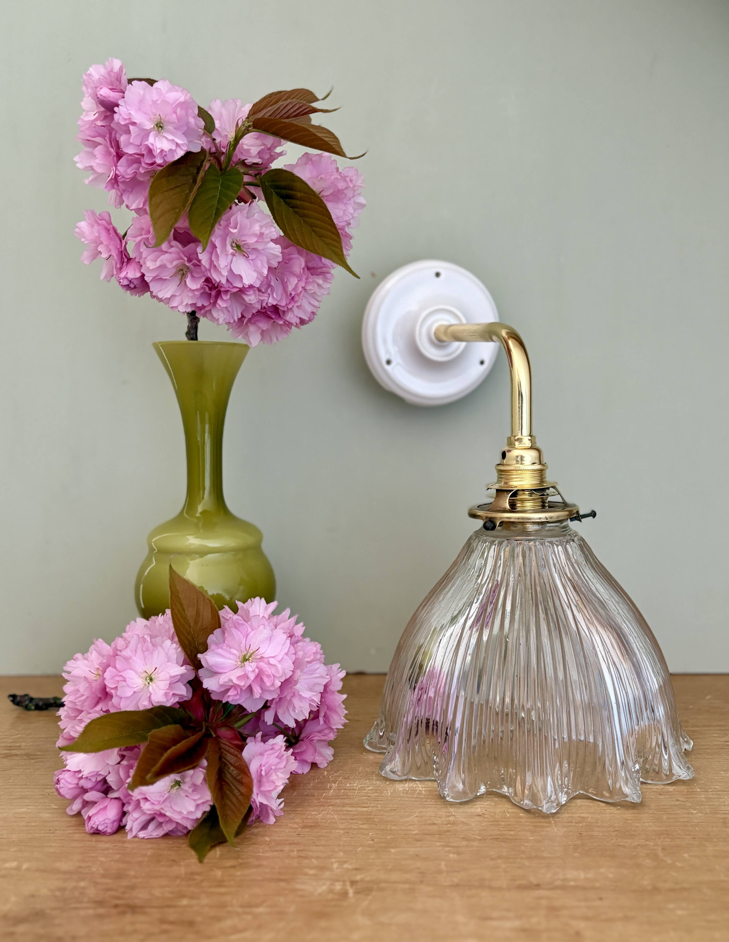 Elbow wall lamp with vintage holophane glass shade