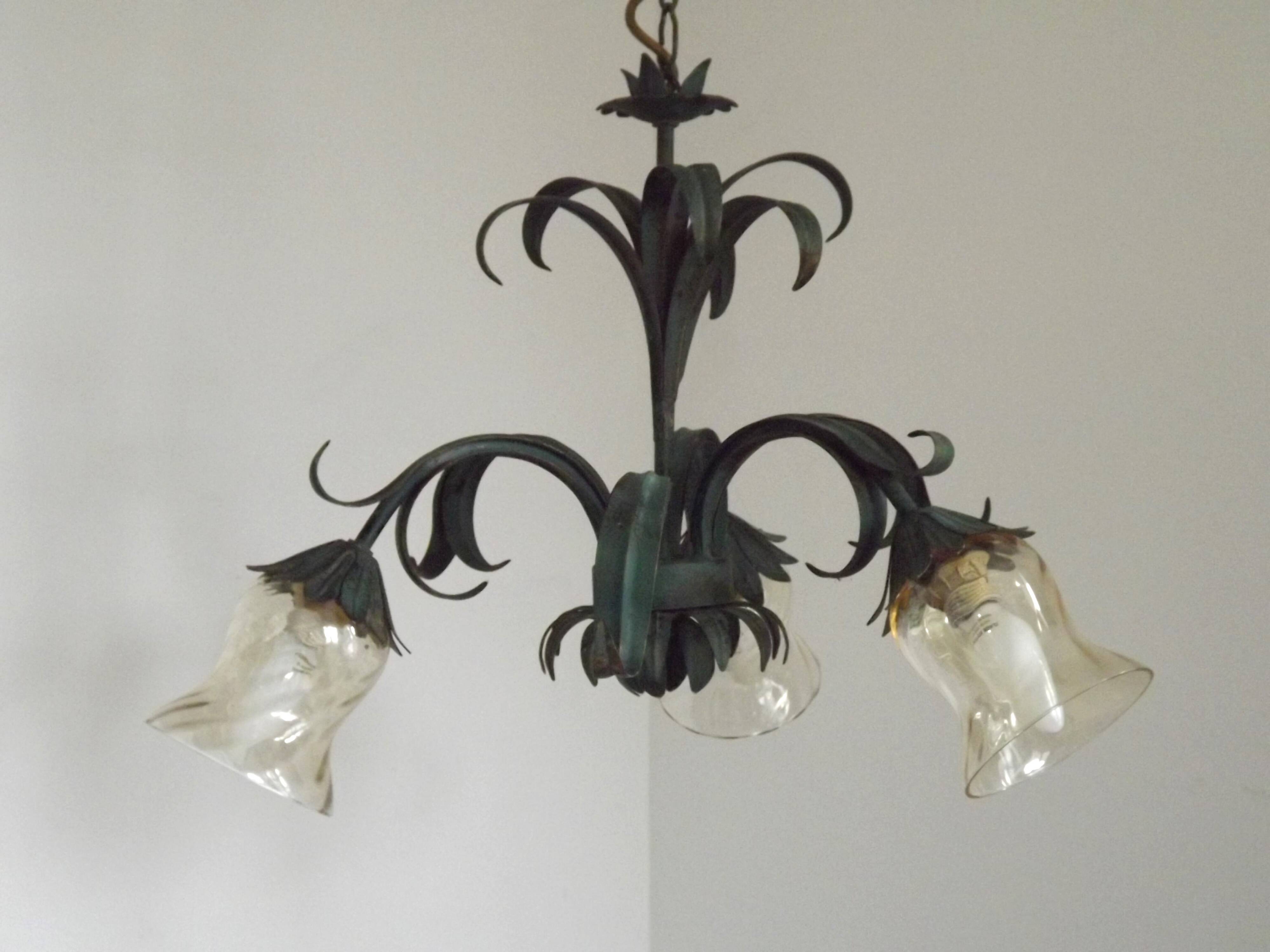 French vintage chandelier 3 lights green leaf amber glass 4966