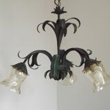 Vintage French Chandelier 3 Lights Green Leaves Amber Glass 4966