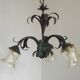 French vintage chandelier 3 lights green leaf amber glass 4966