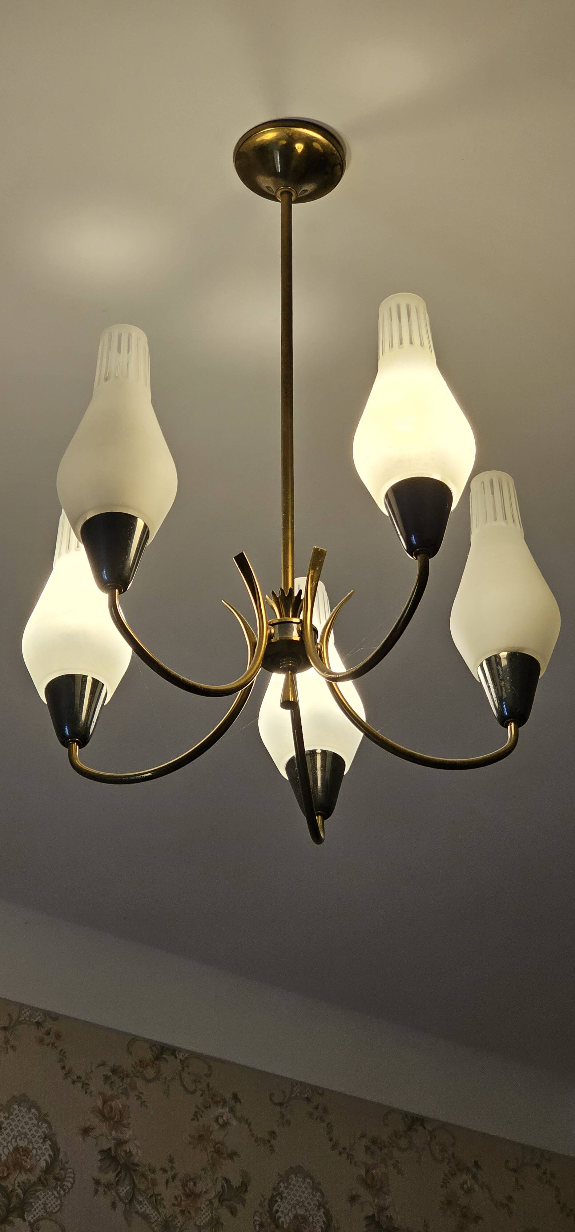 Swedish designer, chandelier, brass, glass, Sweden, 1950s