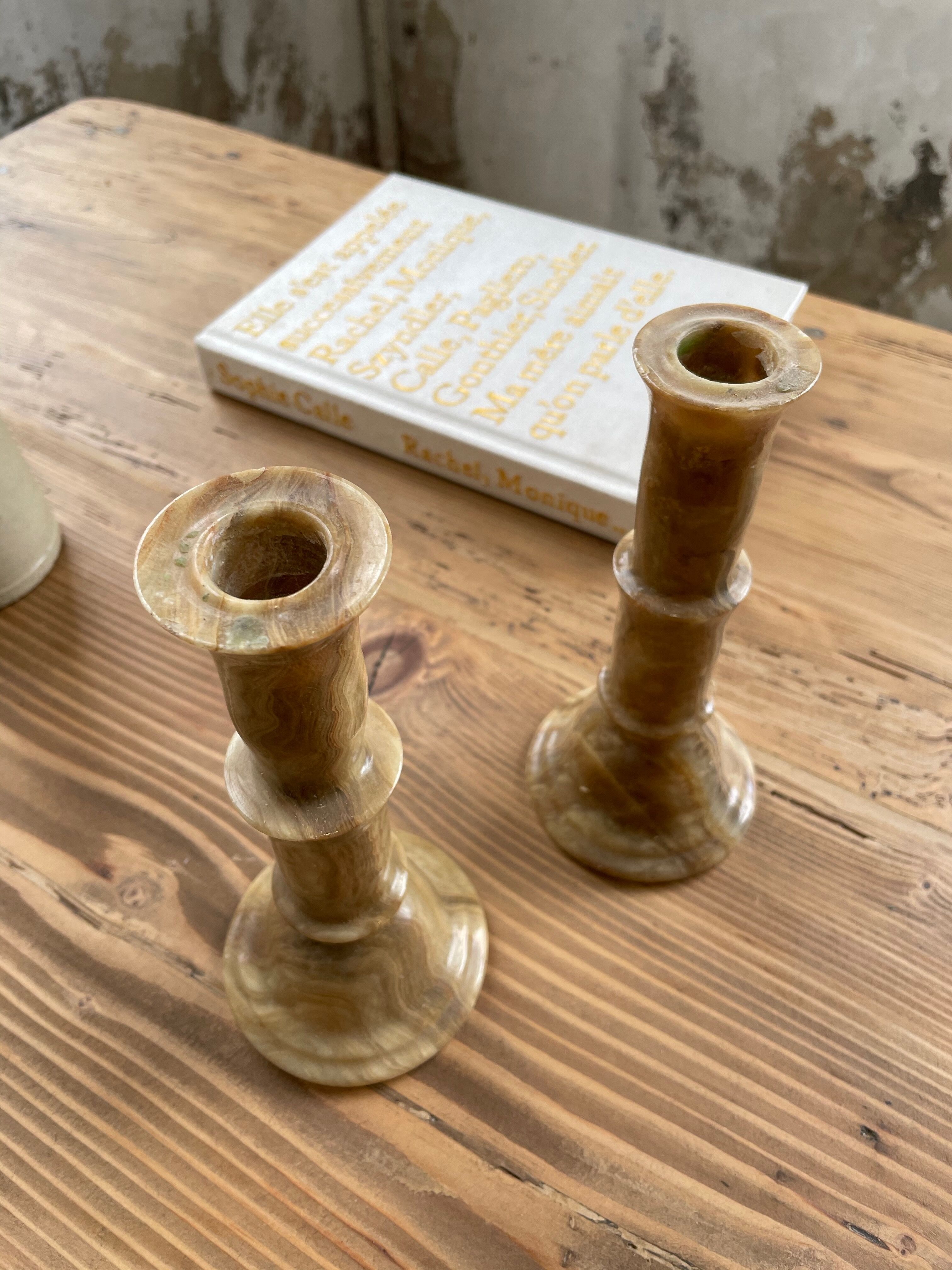 Set 2 old onyx candlesticks