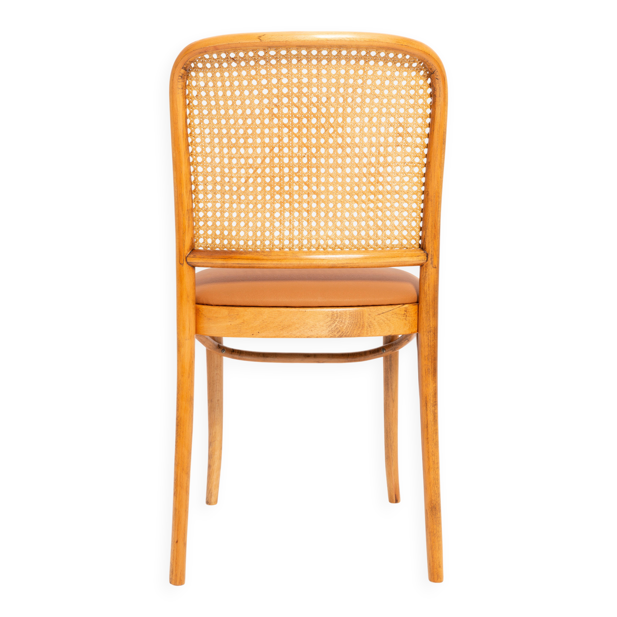 Thonet chair in rattan, camel faux leather and wood - 1960s