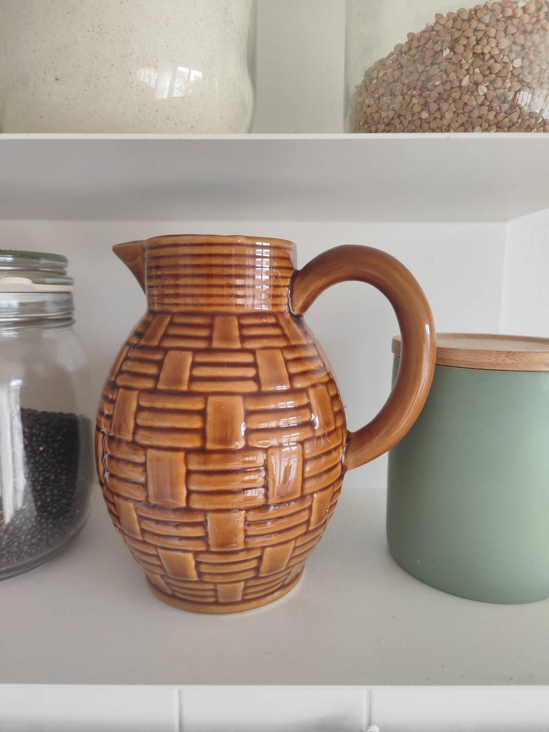 Caramel brown pitcher in glazed ceramic with barbotine finish from the 60s