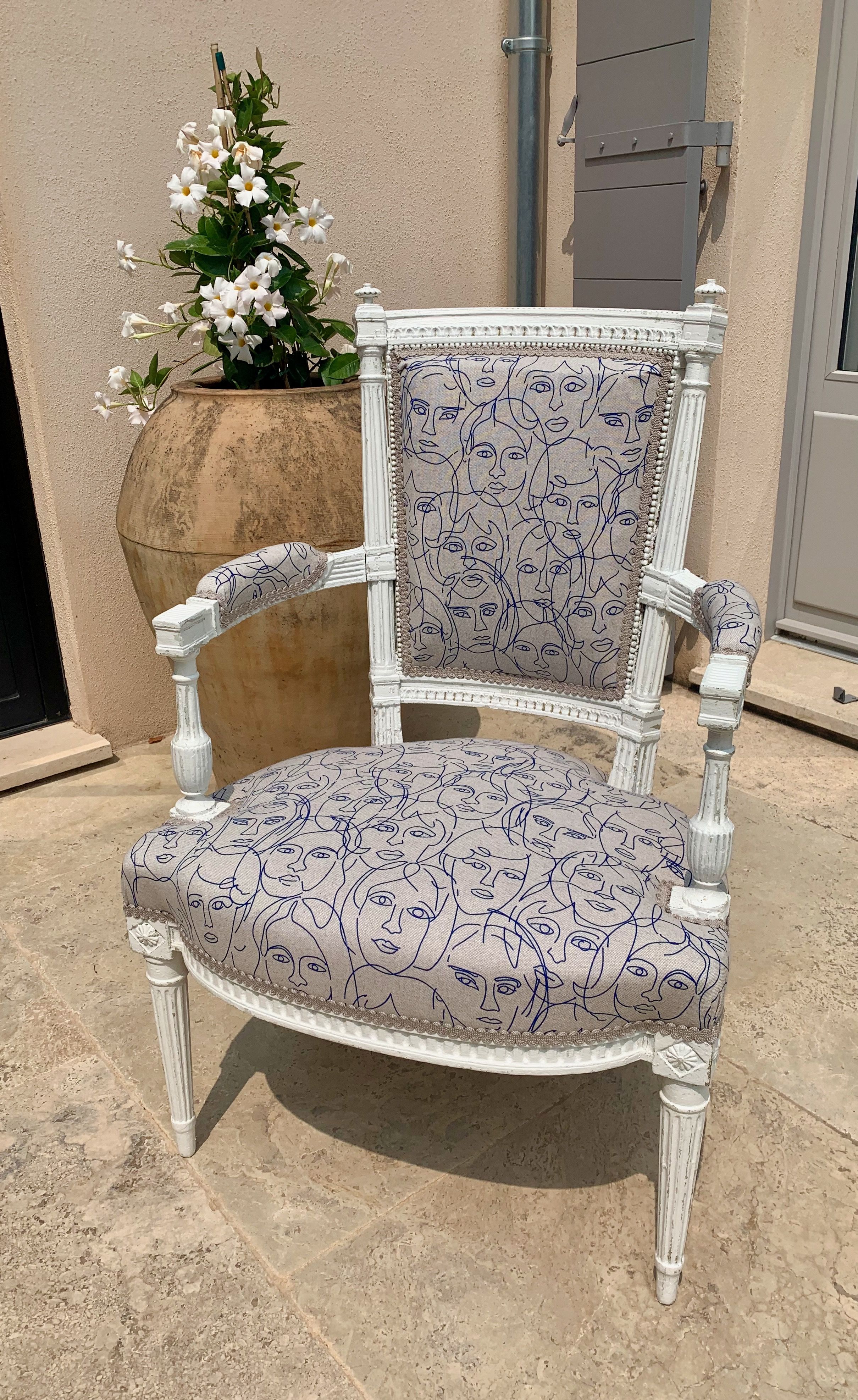 Pair of patinated louis xvi period armchairs, new tapestry