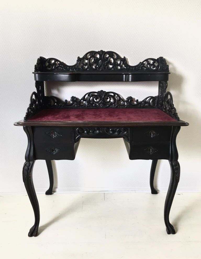 Elegant Victorian Black and Red Desk, Writing Table, Secretaire