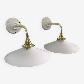 Set of two white opaline wall lights