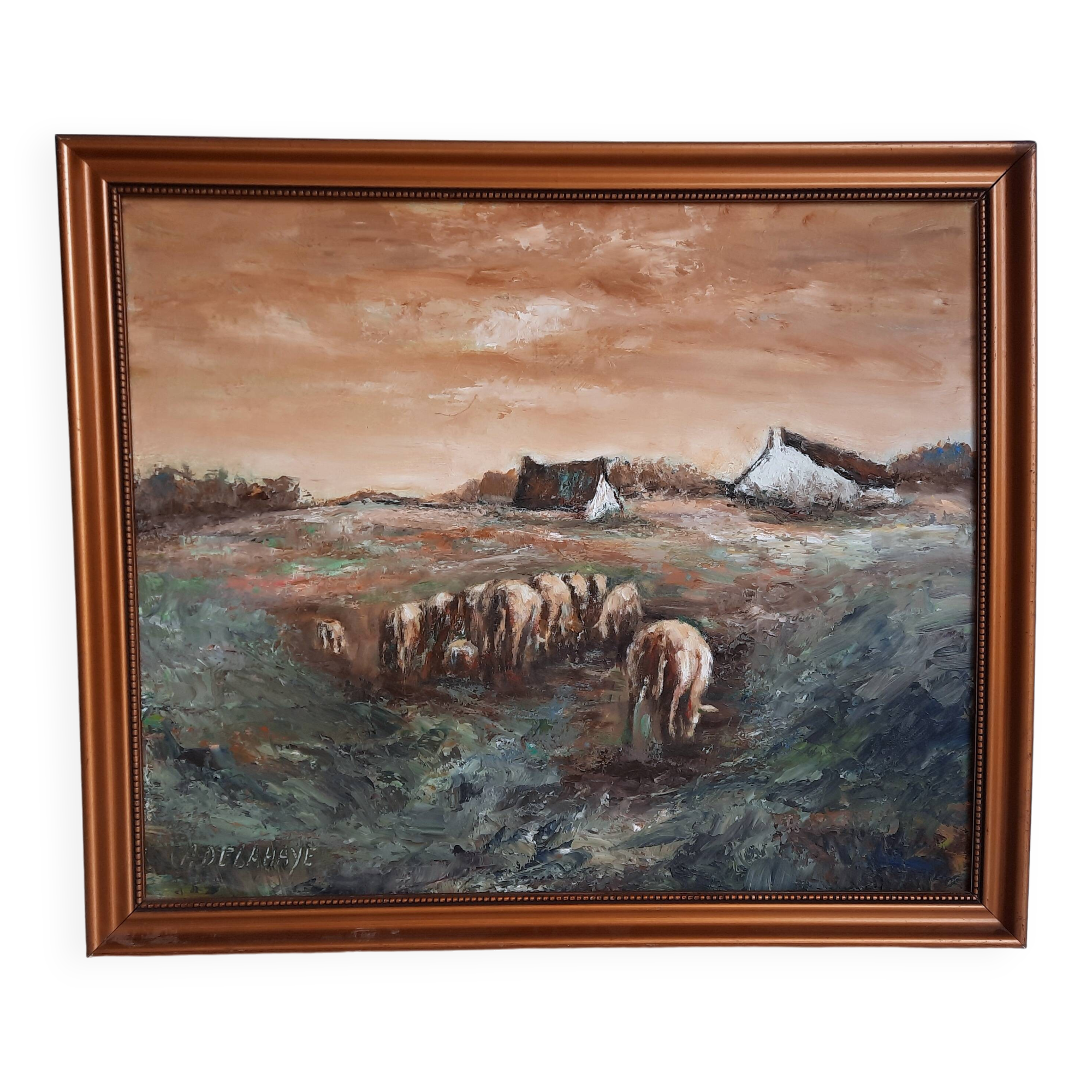 Oil painting on wood - A. Delahaye - Rural countryside scene - Hand signed and on the back - 1930