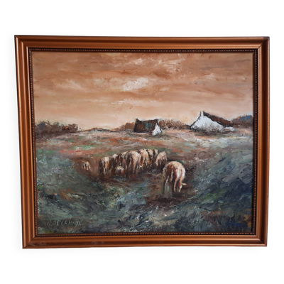 Peinture huile sur bois - A. Delahaye - Scène de campagne rurale - Signé à la main et au dos - 1930