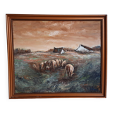Oil painting on wood - A. Delahaye - Rural countryside scene - Hand signed and on the back - 1930