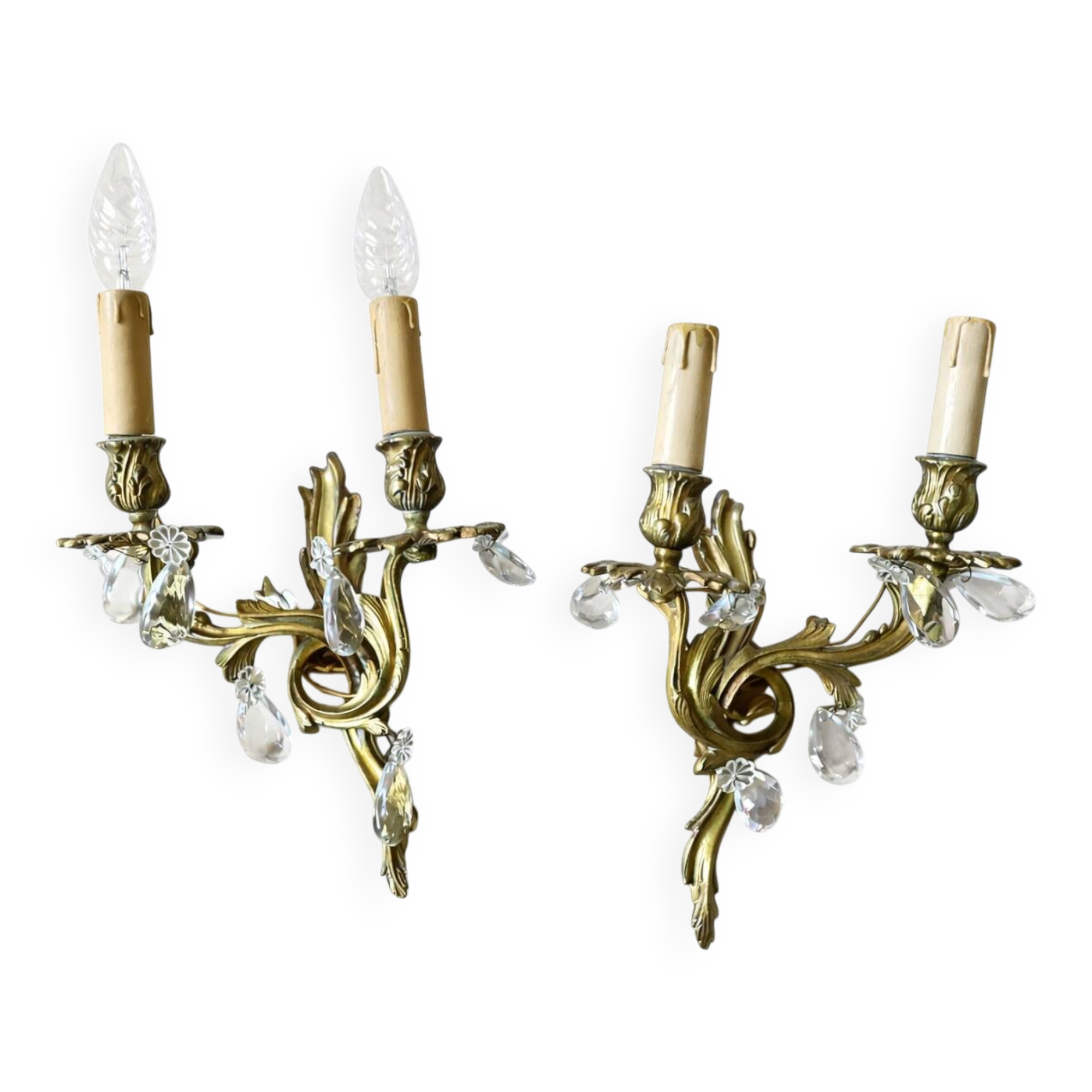 Pair of wall sconces with pendants – Louis XV / Rococo style – Metal