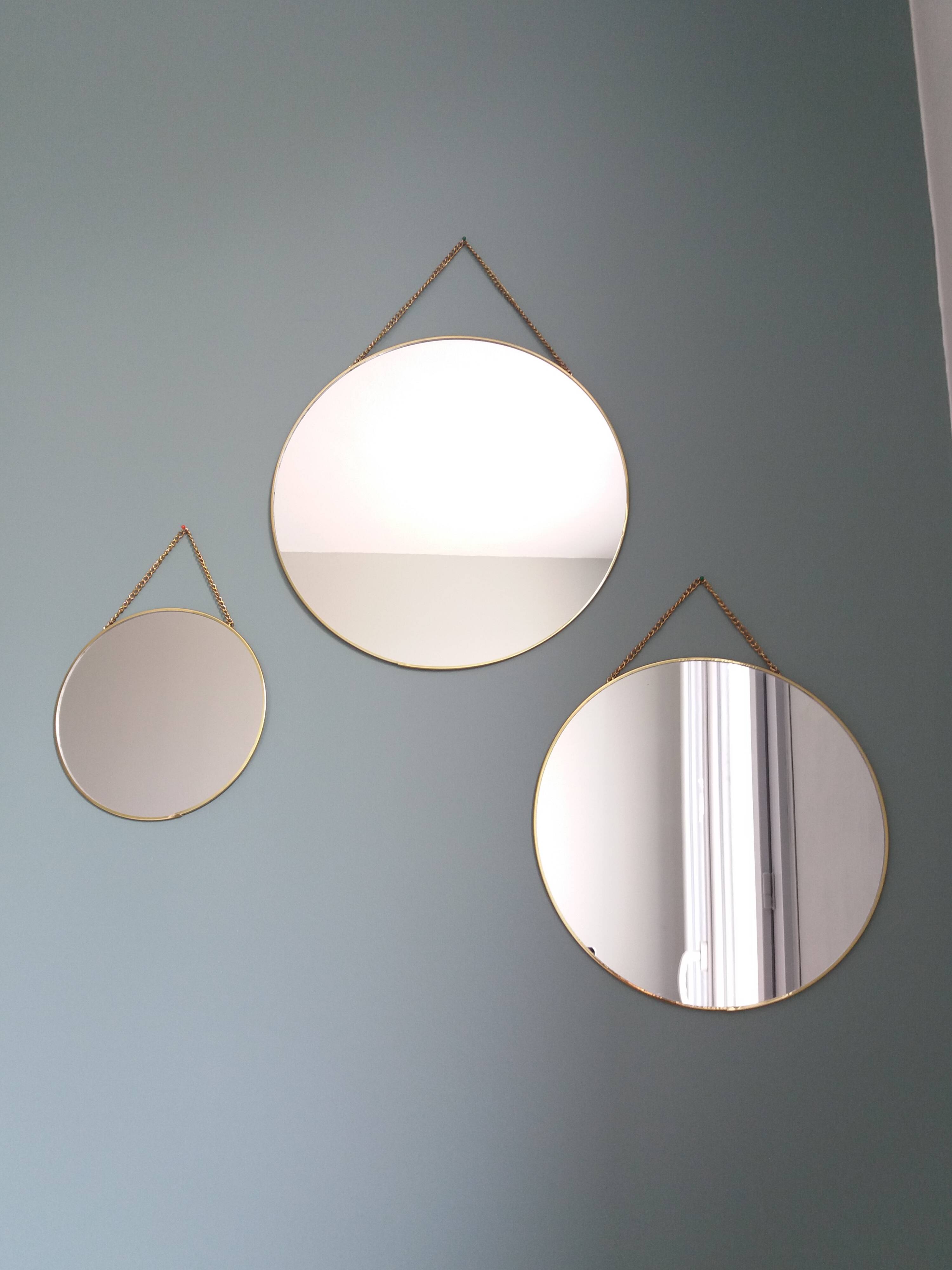 3 miroirs ronds métal doré, diametre 35, 30 et 20 cm