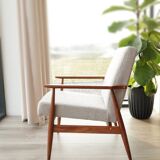 Fauteuil bouclé vintage bois couleur noyer tissu gris champagne design mid