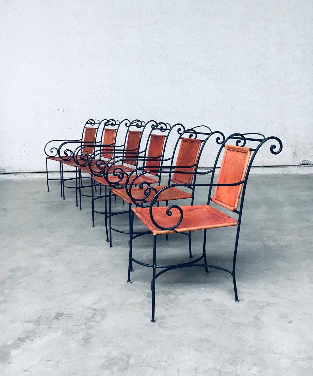 Wrought Iron and Leather Swirl Dining Chairs, Spain, 1960s, Set of 6