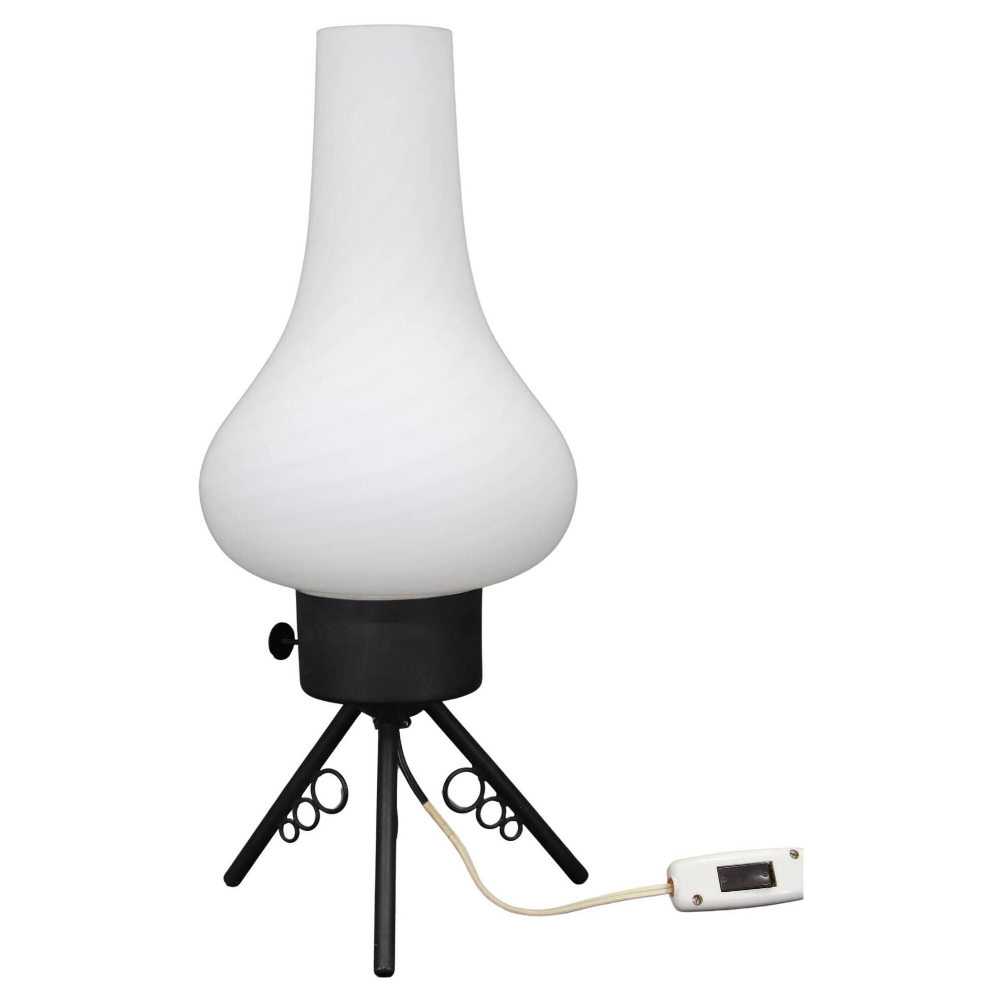 1960s Czech mid-century table lamp with sculptural glass shade and metal tripod