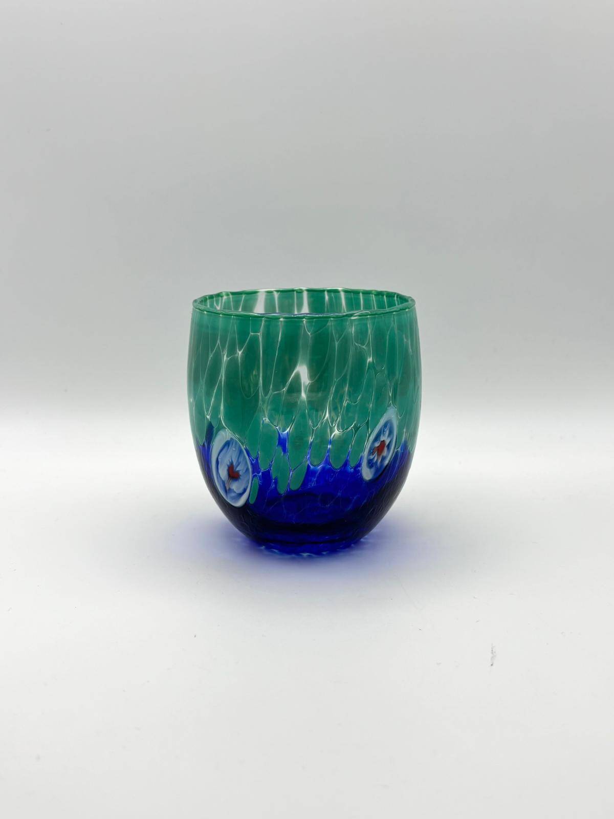Set of 6 blown glass glasses from Venice with Effetre Murano murrine.