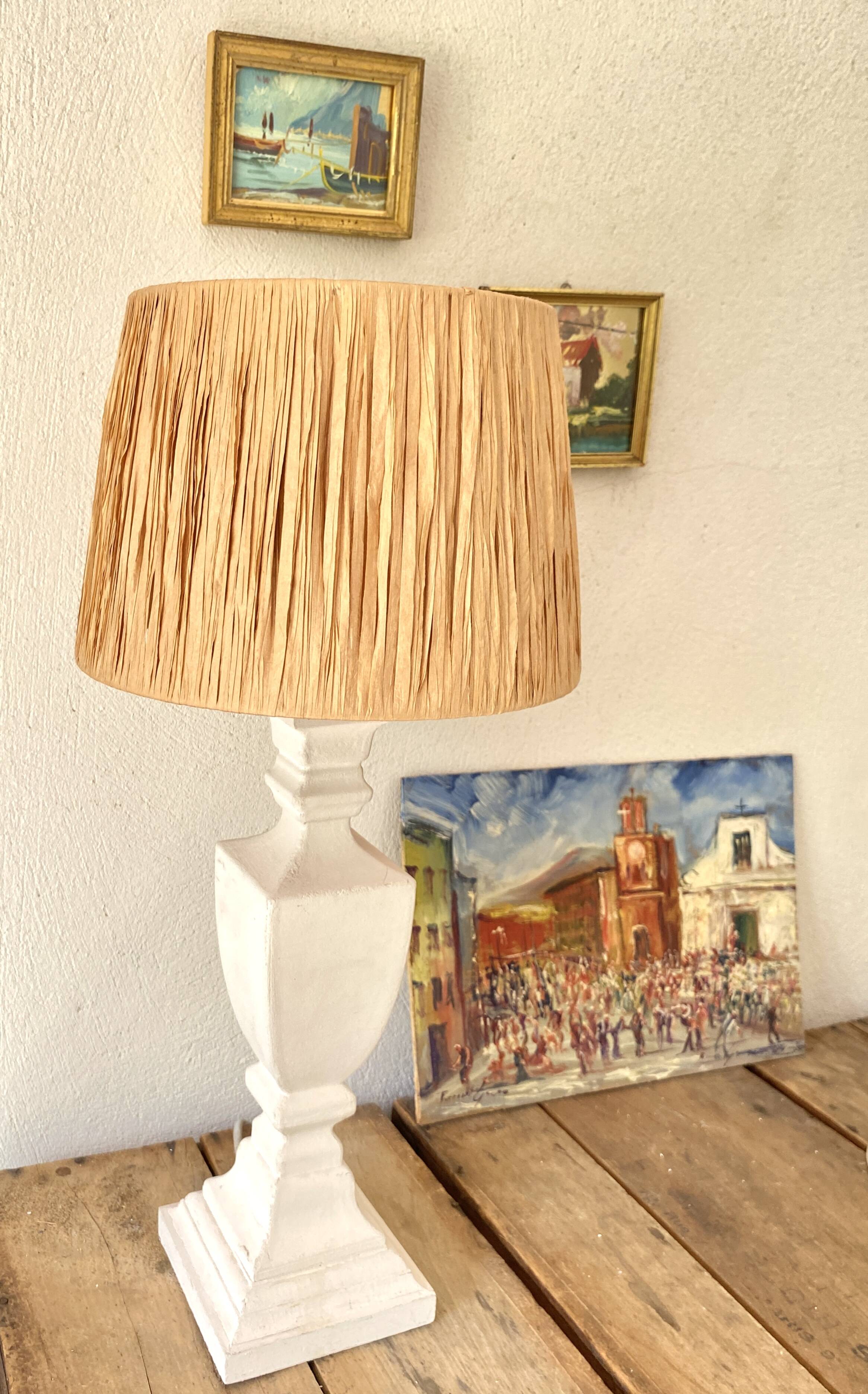 Wood and plaster lamp, new 2M cable, raffia lampshade