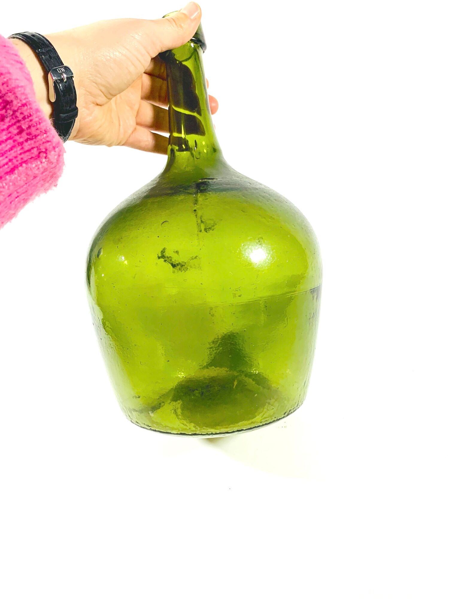 Demijohn green artisanal blown glass early 20th century